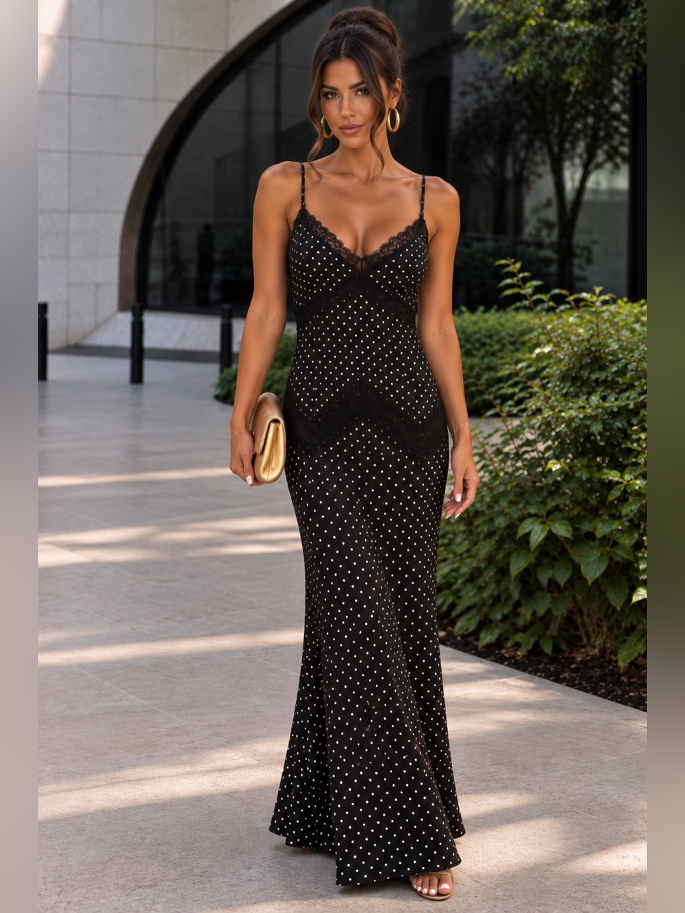 W.Studio Black Polka Dot Lace Slip Dress - Women's Evening Gown